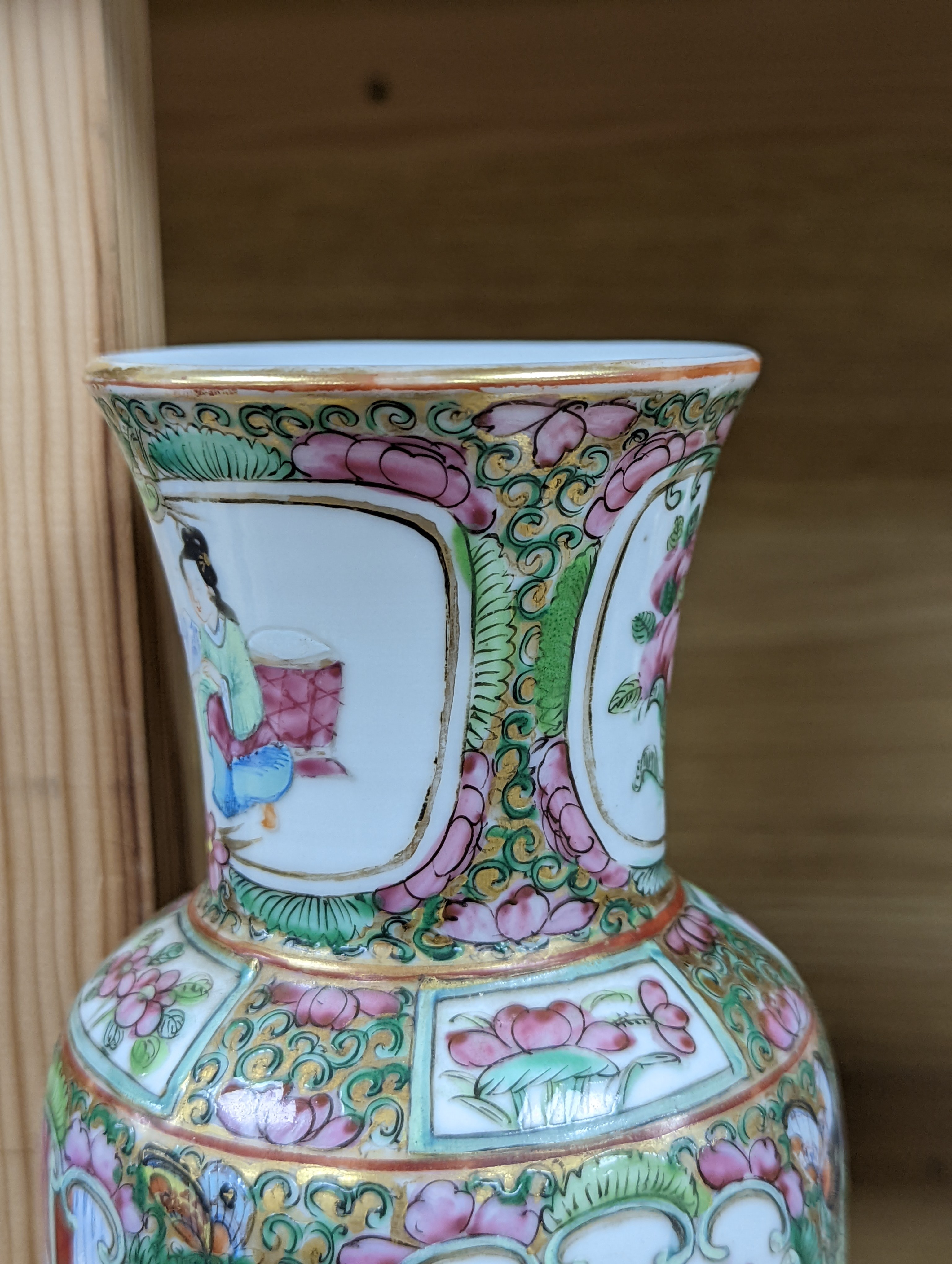 Two Chinese famille rose vases, late 19th century, tallest 26 cm, one wood stand, some restoration